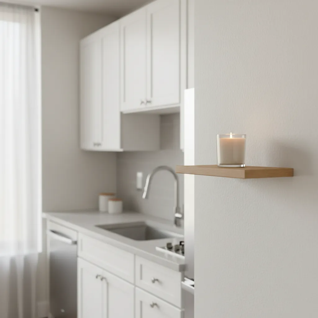 small single wick candle on compact kitchen shelf