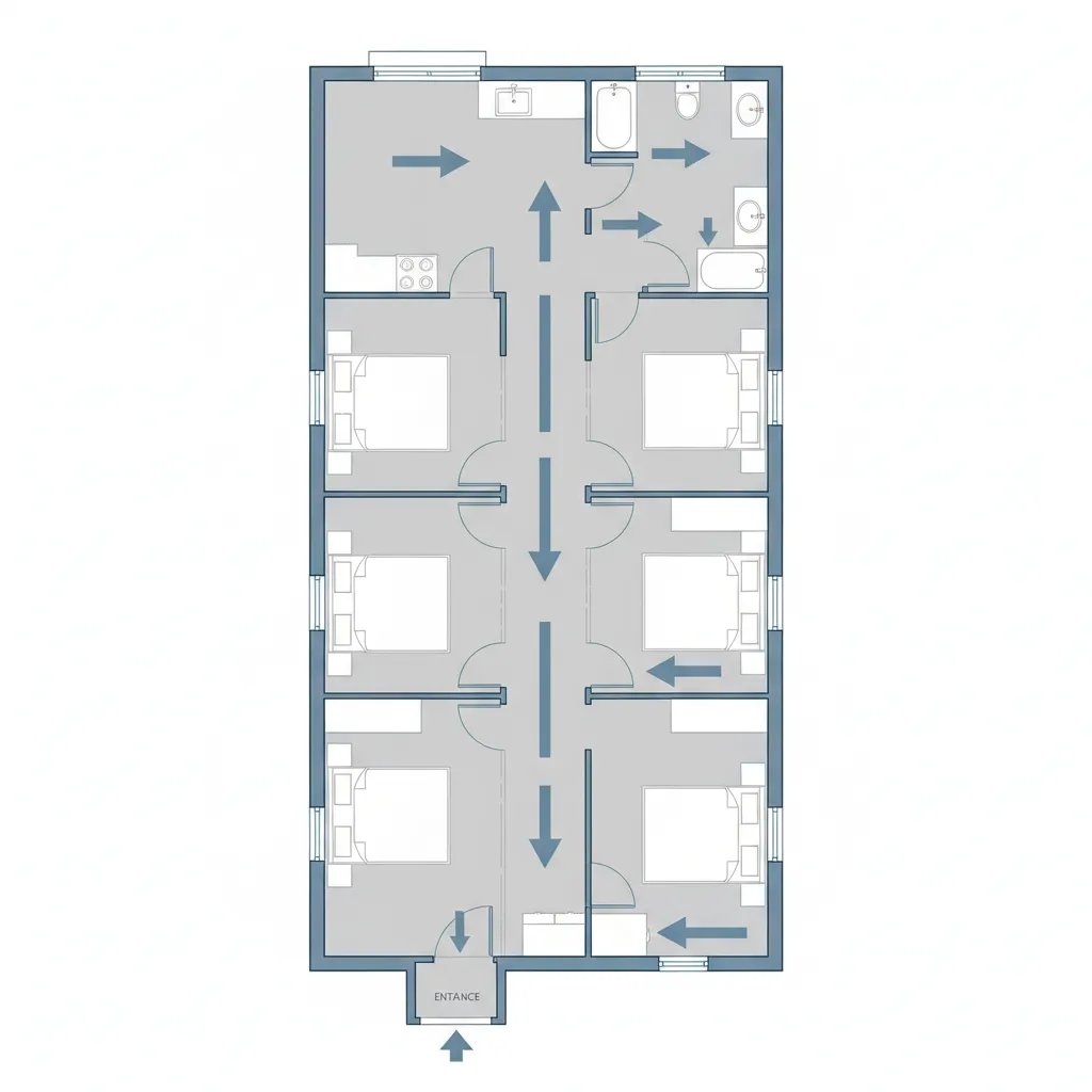 diagram style view showing traffic flow problems in narrow single wide hallway