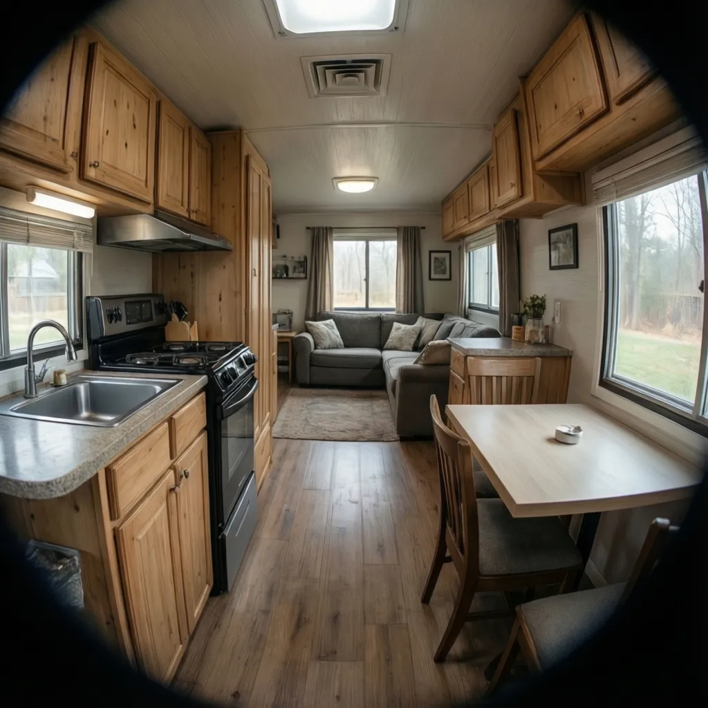 compact kitchen and living room in single wide mobile home with tight walking space