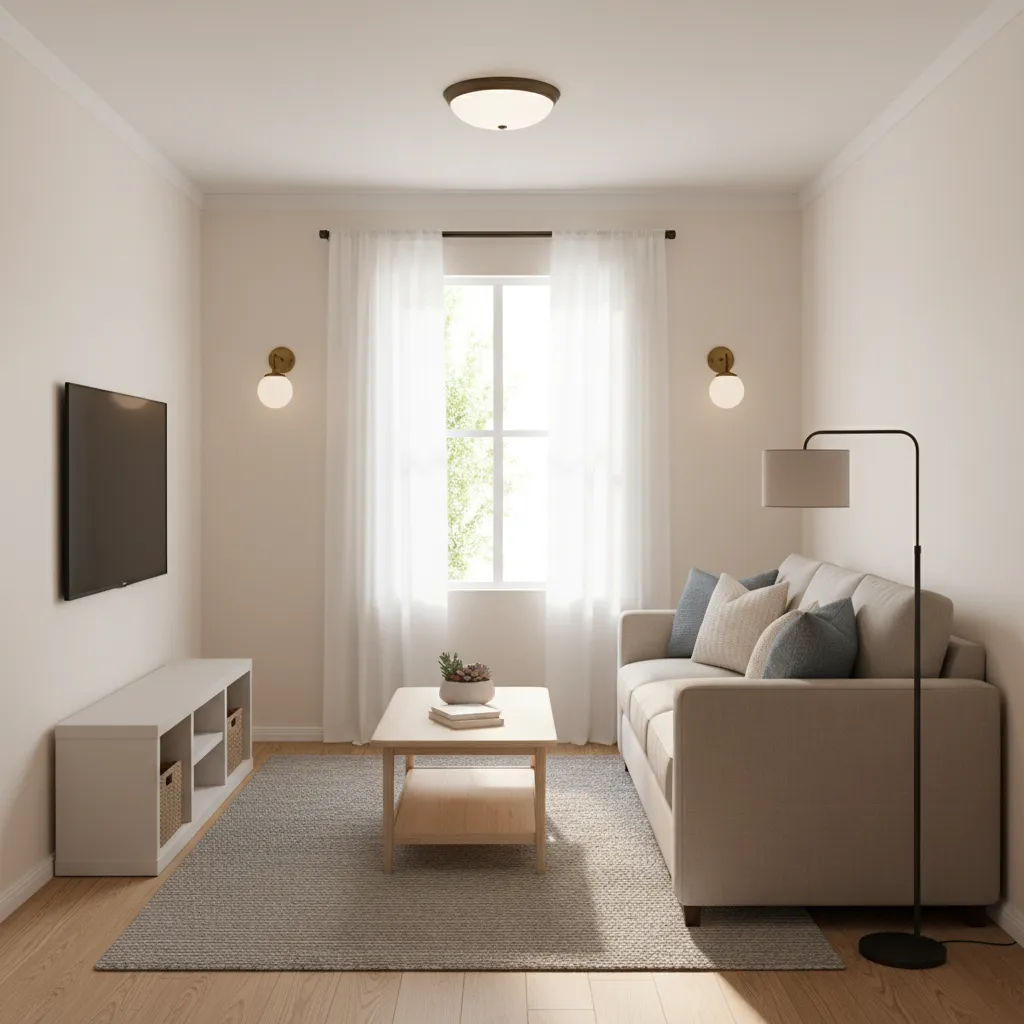 living room in single wide mobile home with layered lighting fixtures