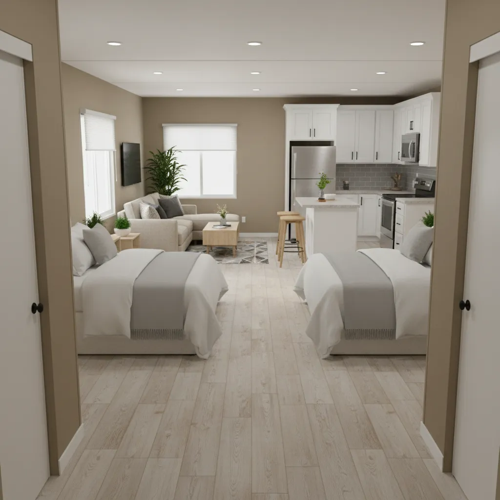 Interior layout of a single wide mobile home with compact bedrooms