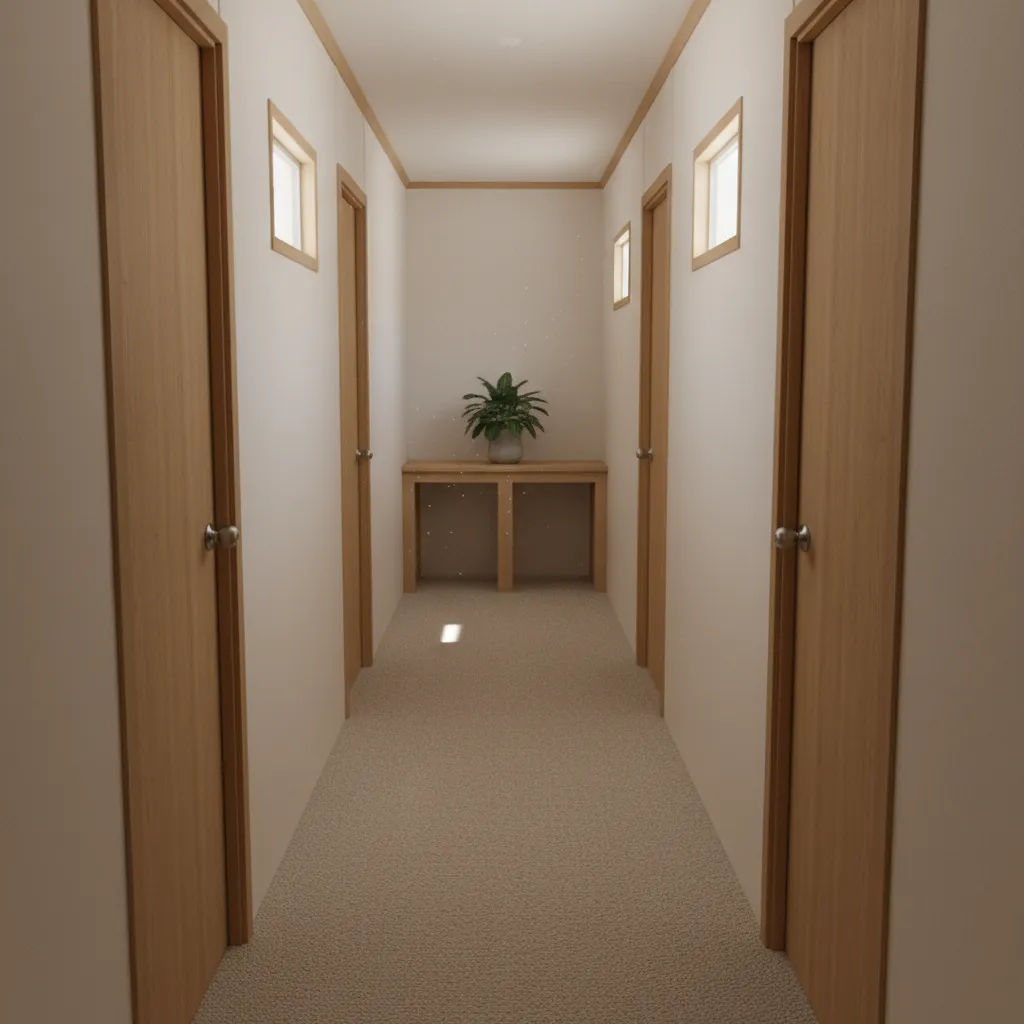narrow hallway inside a single wide mobile home with multiple bedroom doors