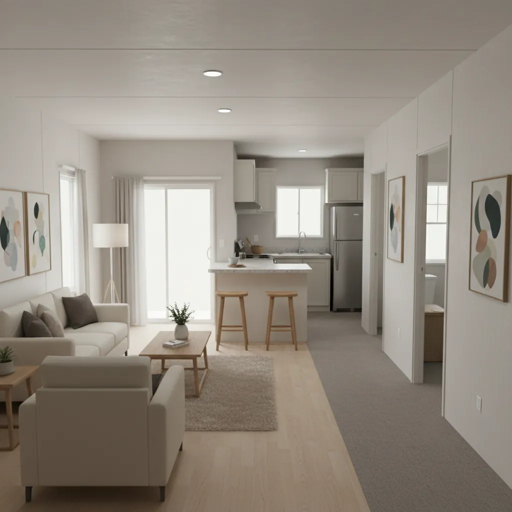Interior of a narrow single wide mobile home showing linear room arrangement