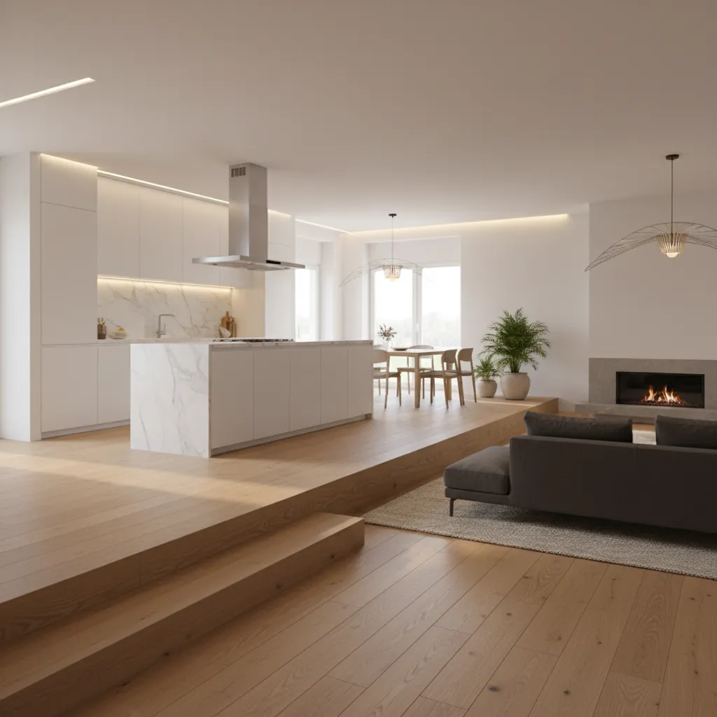 wide single step transition between kitchen and sunken living room