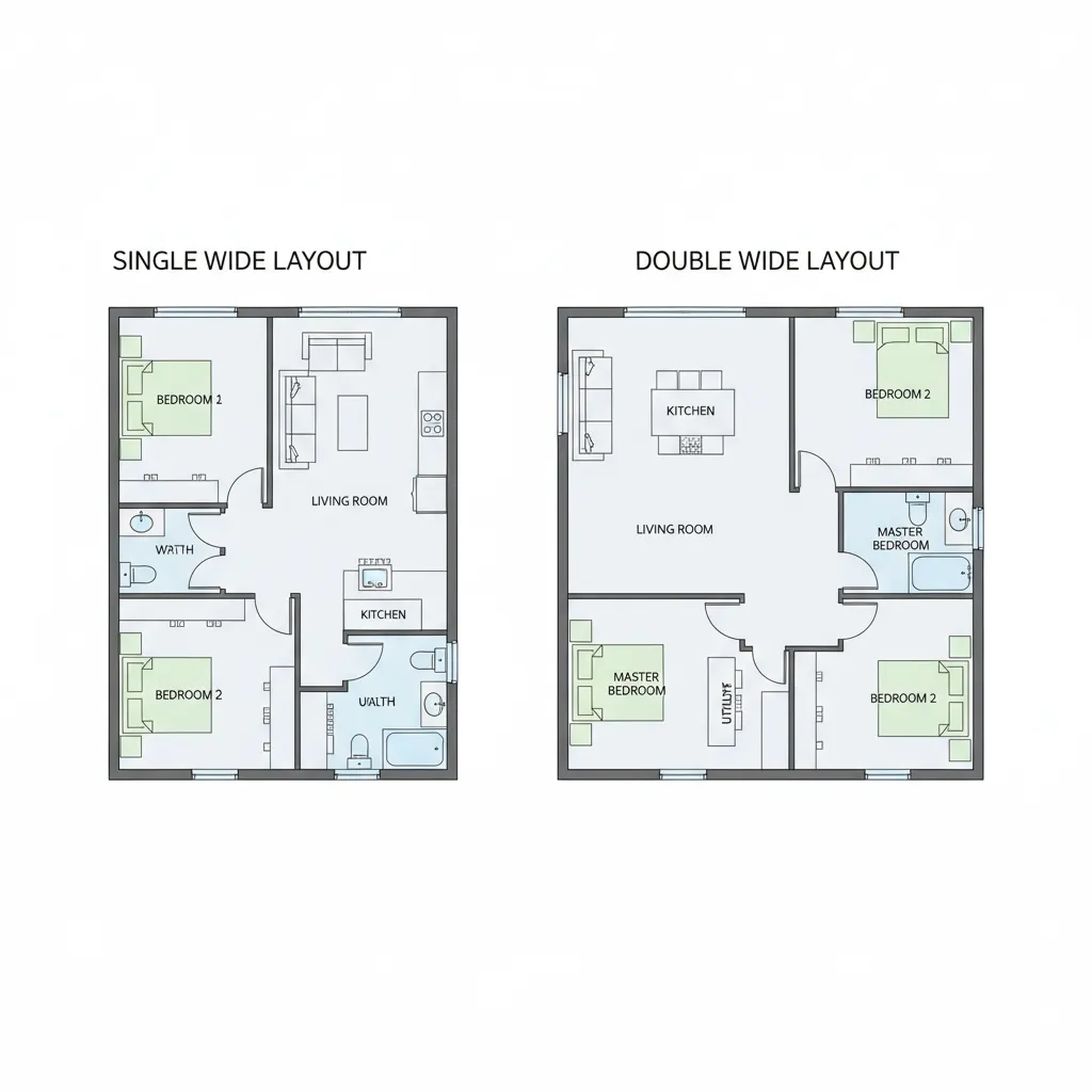 Comparison illustration of single wide and double wide manufactured home layouts