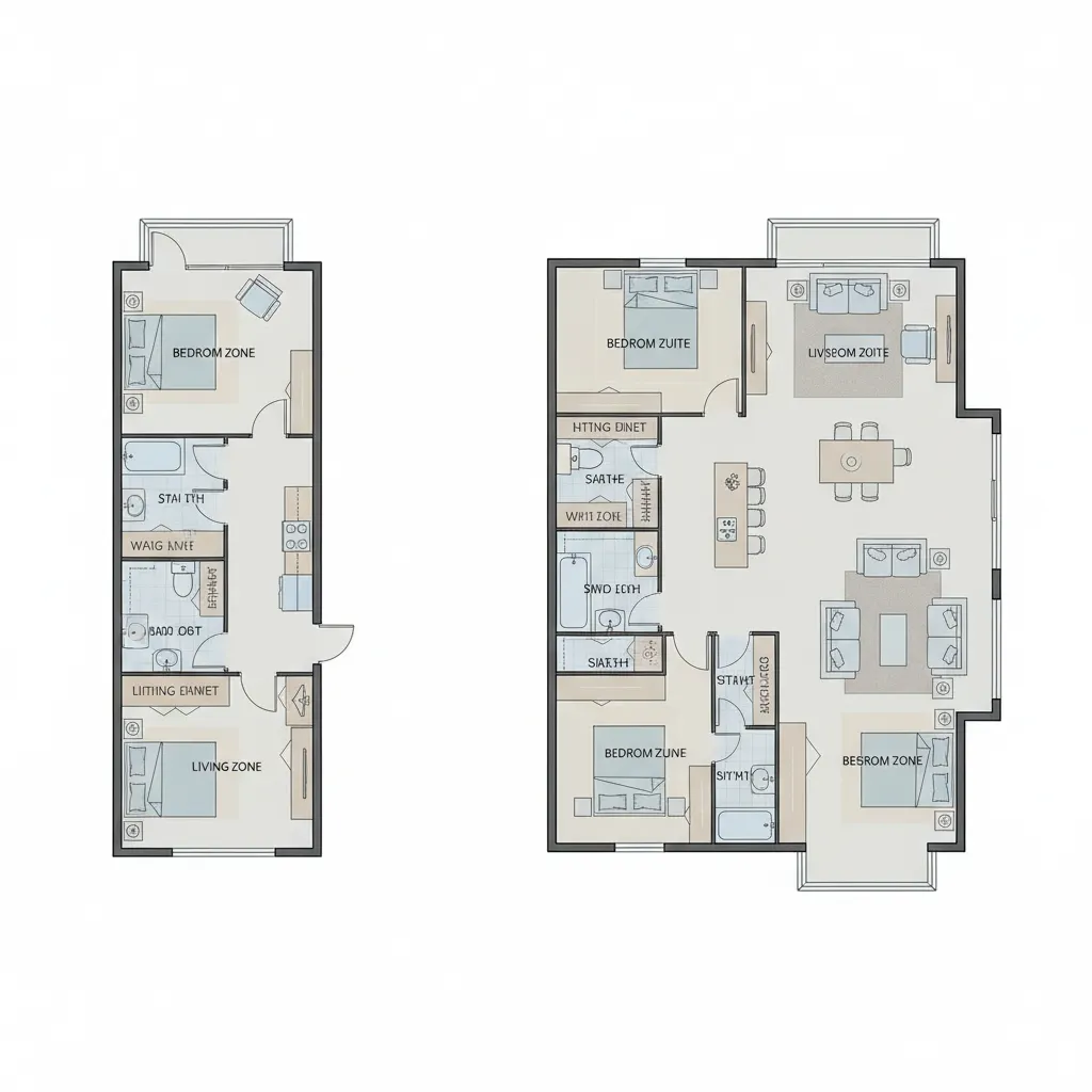 Top view comparison showing width difference between single wide and double wide mobile homes