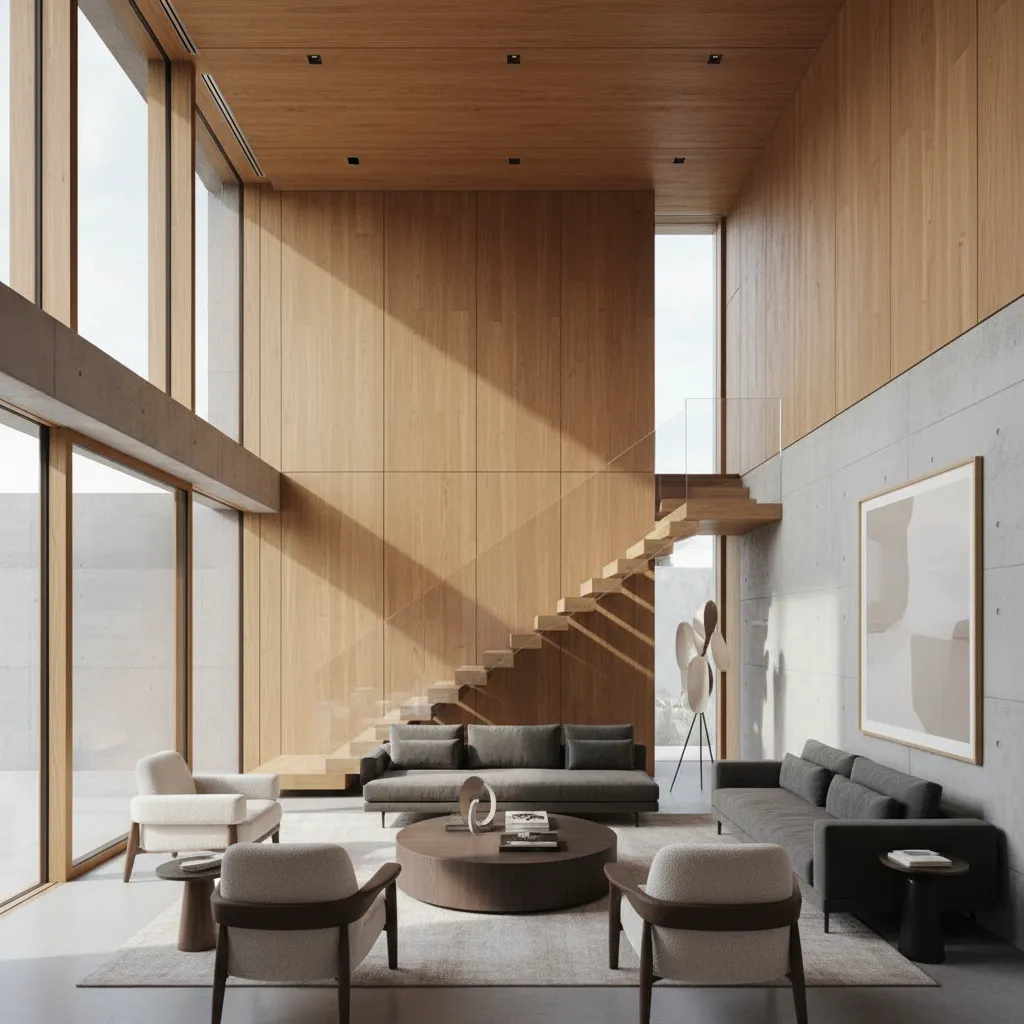 Interior de casa moderna con doble altura y entrada abundante de luz natural