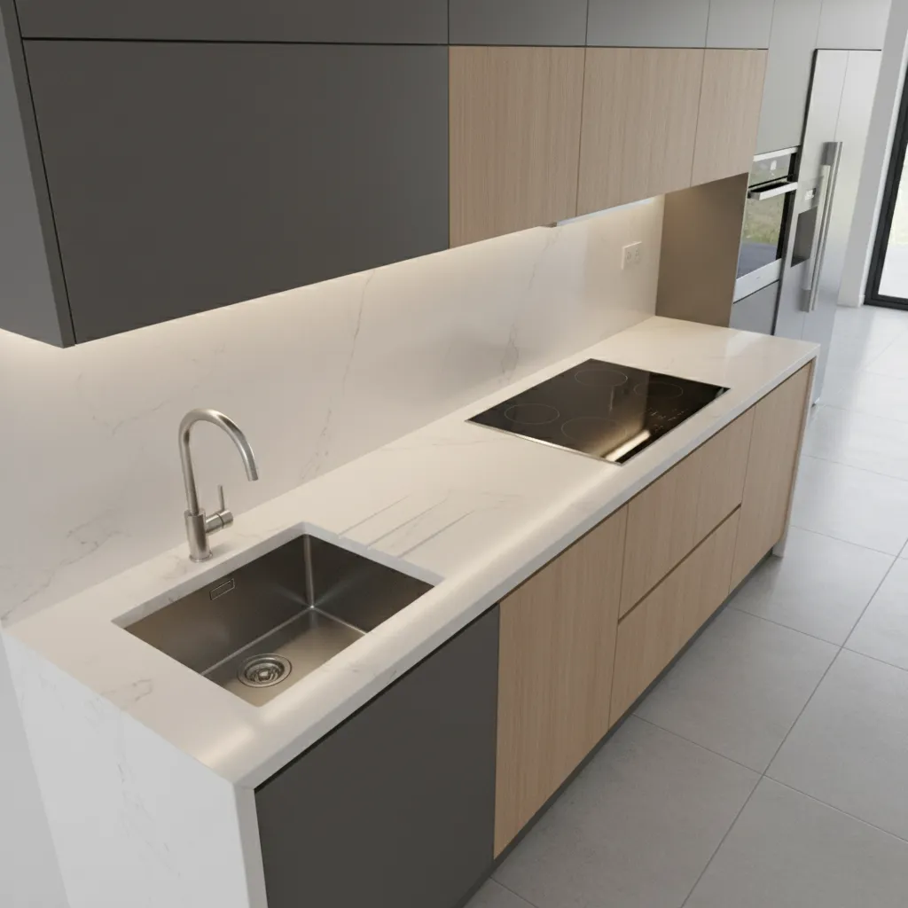 Kitchen counter showing proper spacing between sink and stove