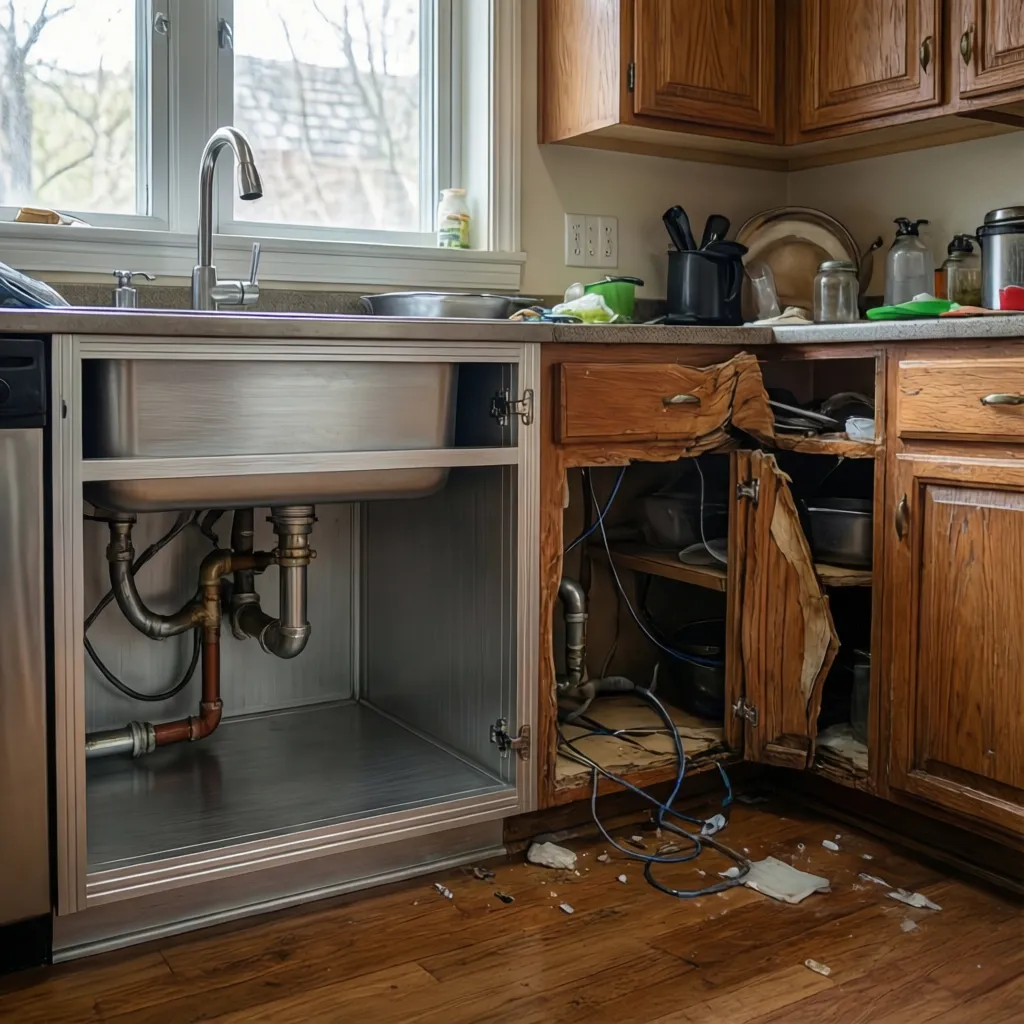Kitchen sink base cabinet comparison aluminium vs swollen wood cabinet