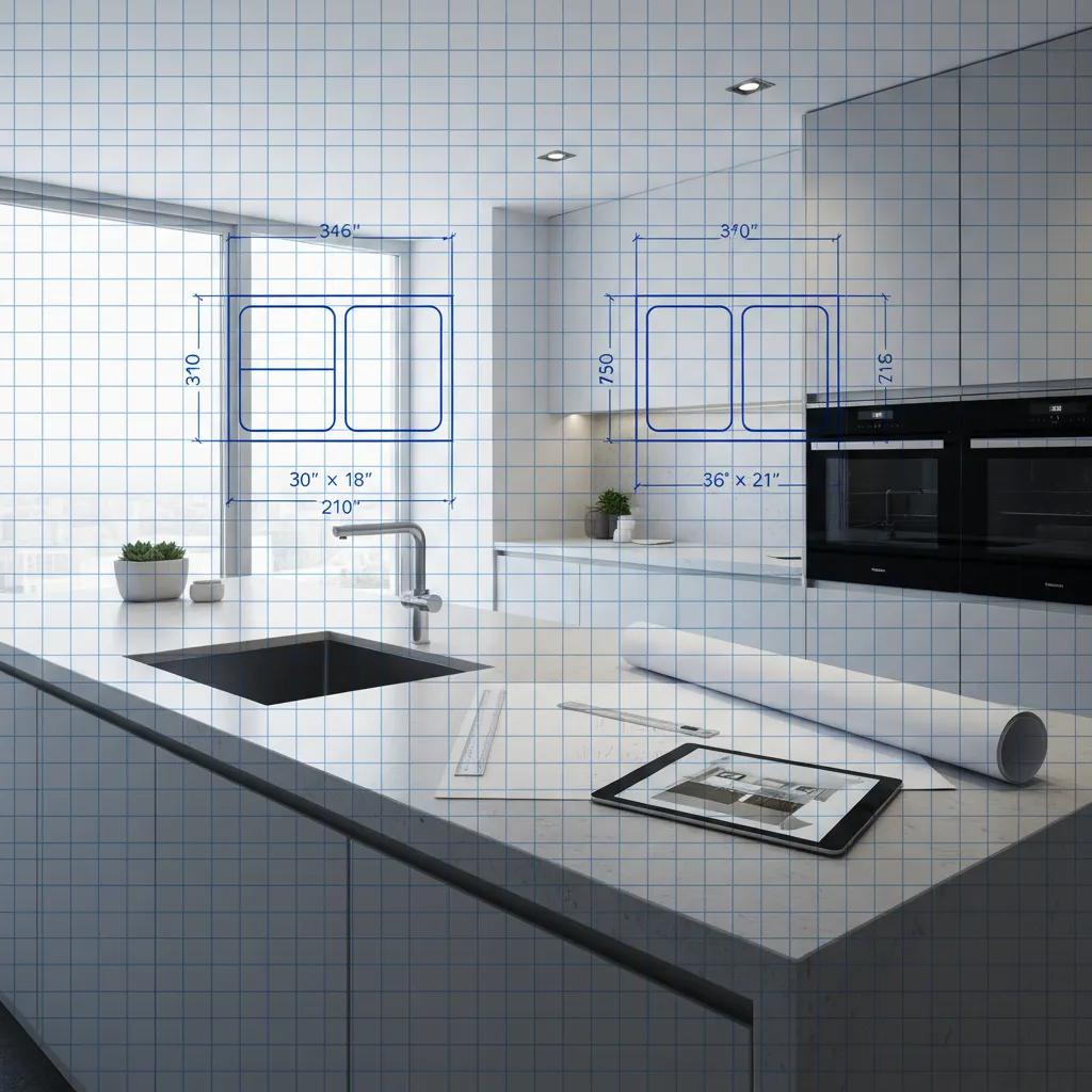 Detailed countertop plan showing sink and cooktop cutout measurements