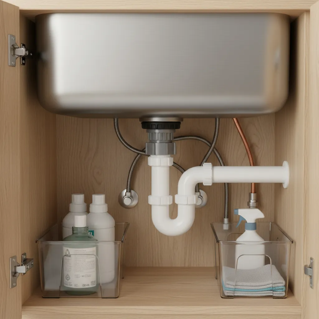 Under-sink view showing locknut and gasket on kitchen drain assembly