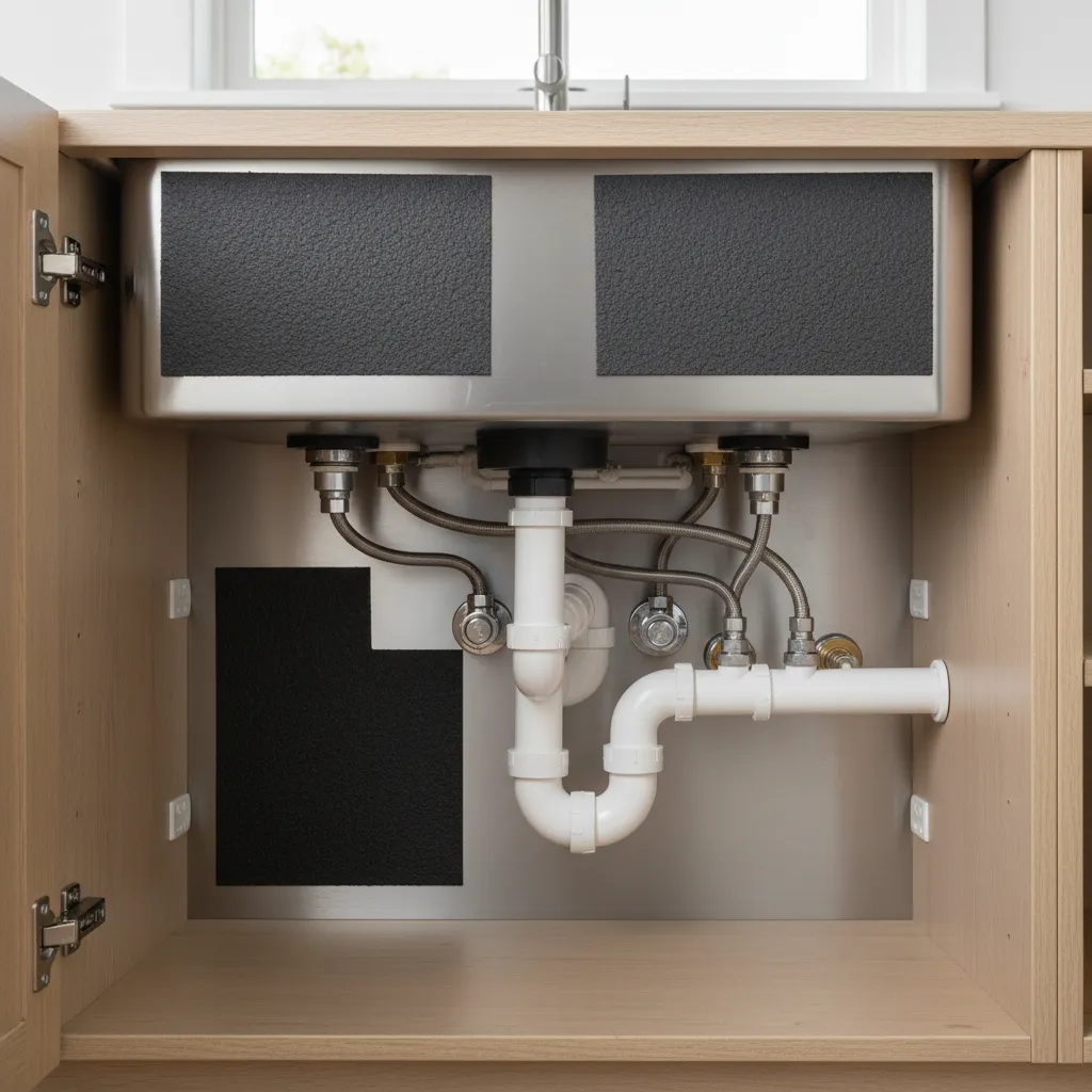 underside of stainless steel sink showing sound insulation pads