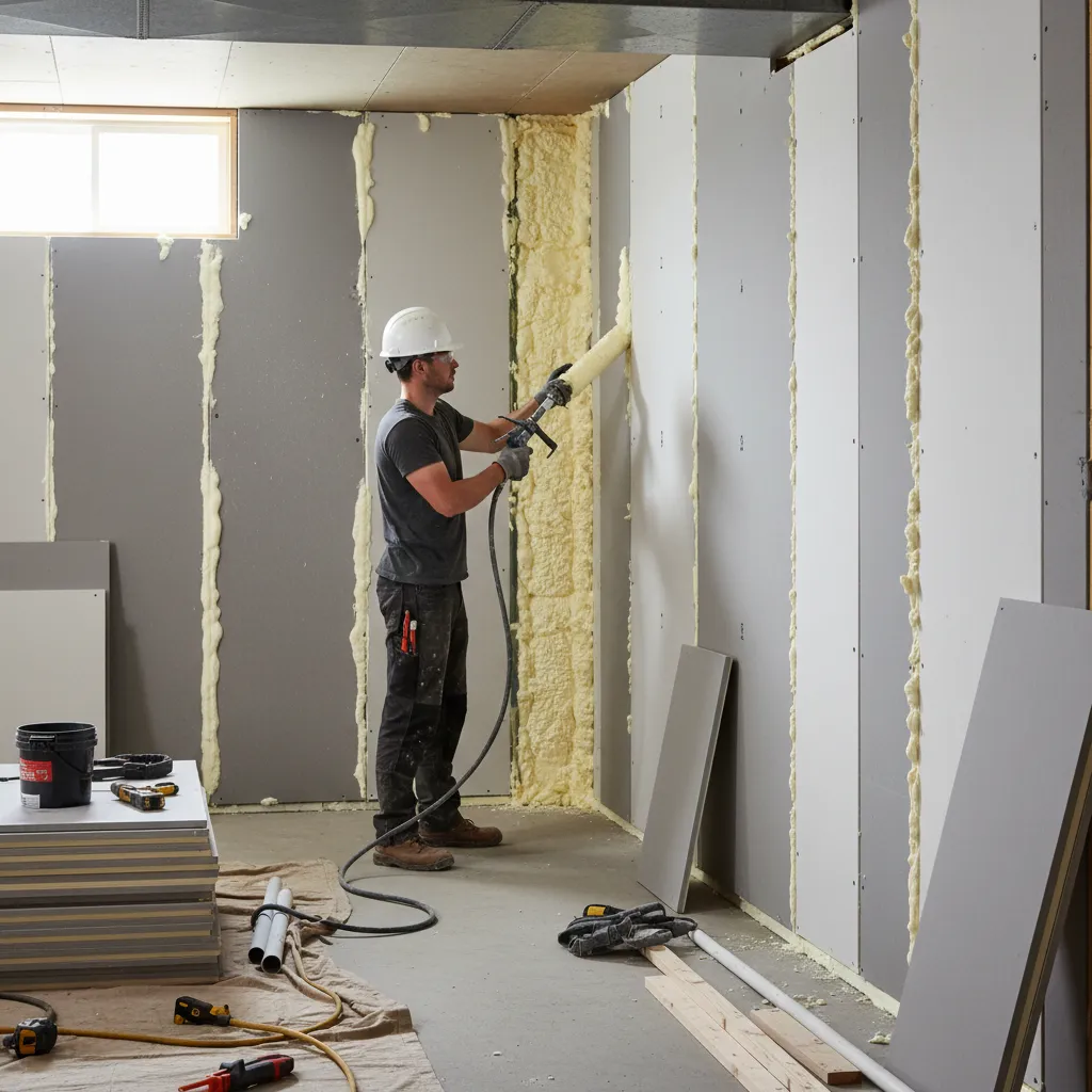 Worker in white helmet applying yellow spray foam between wall panels inside a grey basement