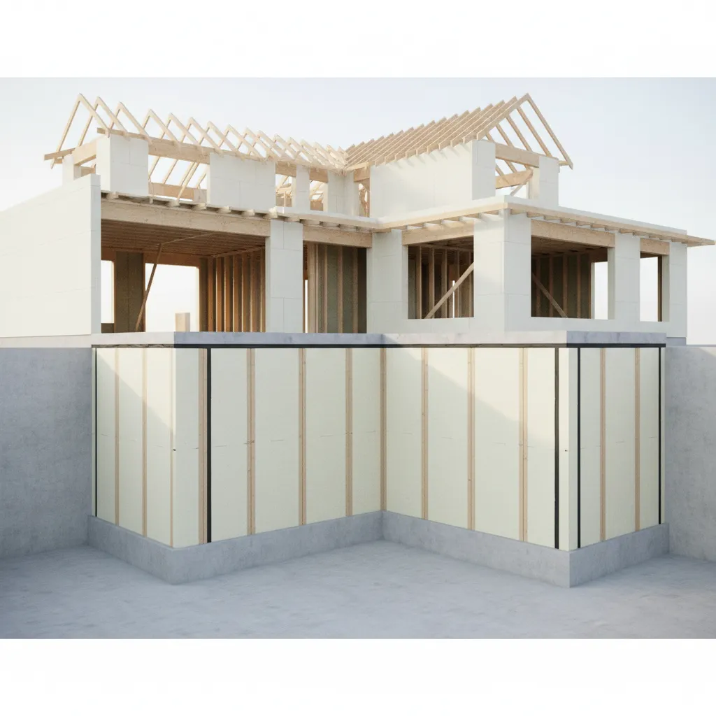 Modern house under construction showing white wall panels, wooden roof frame, and concrete basement foundation