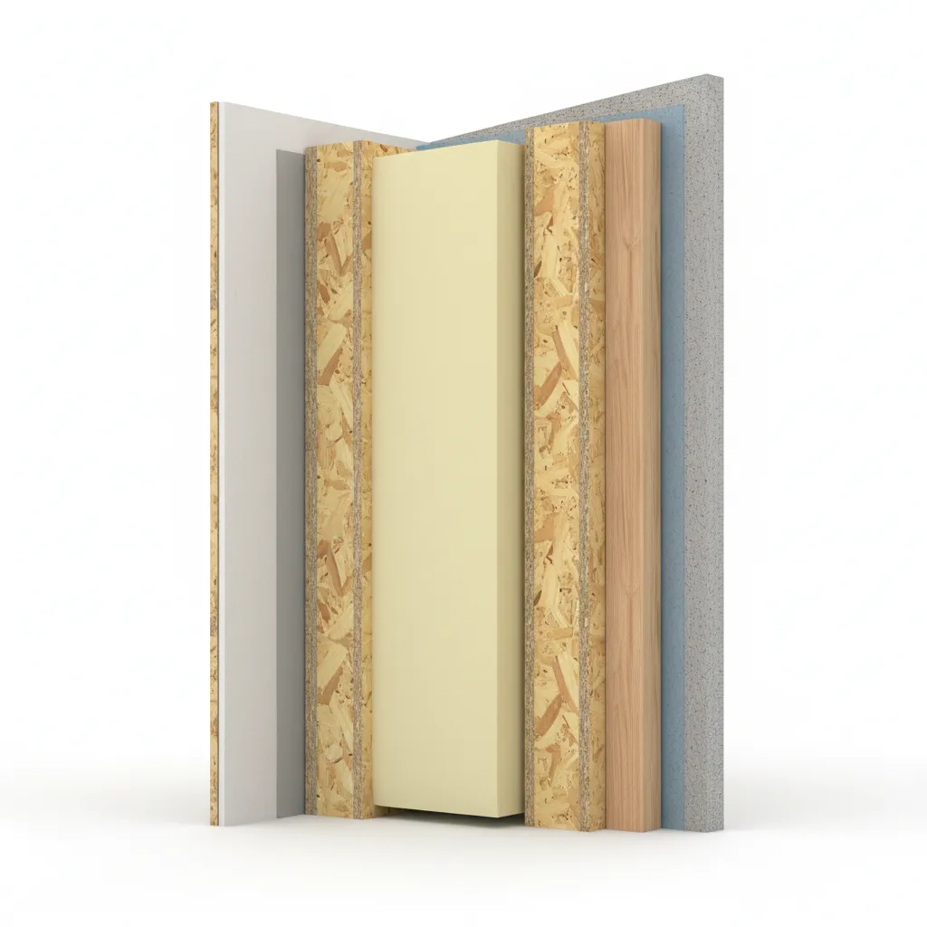 Interior design drawing showing layers of insulated wall panels with foam core and wood panels