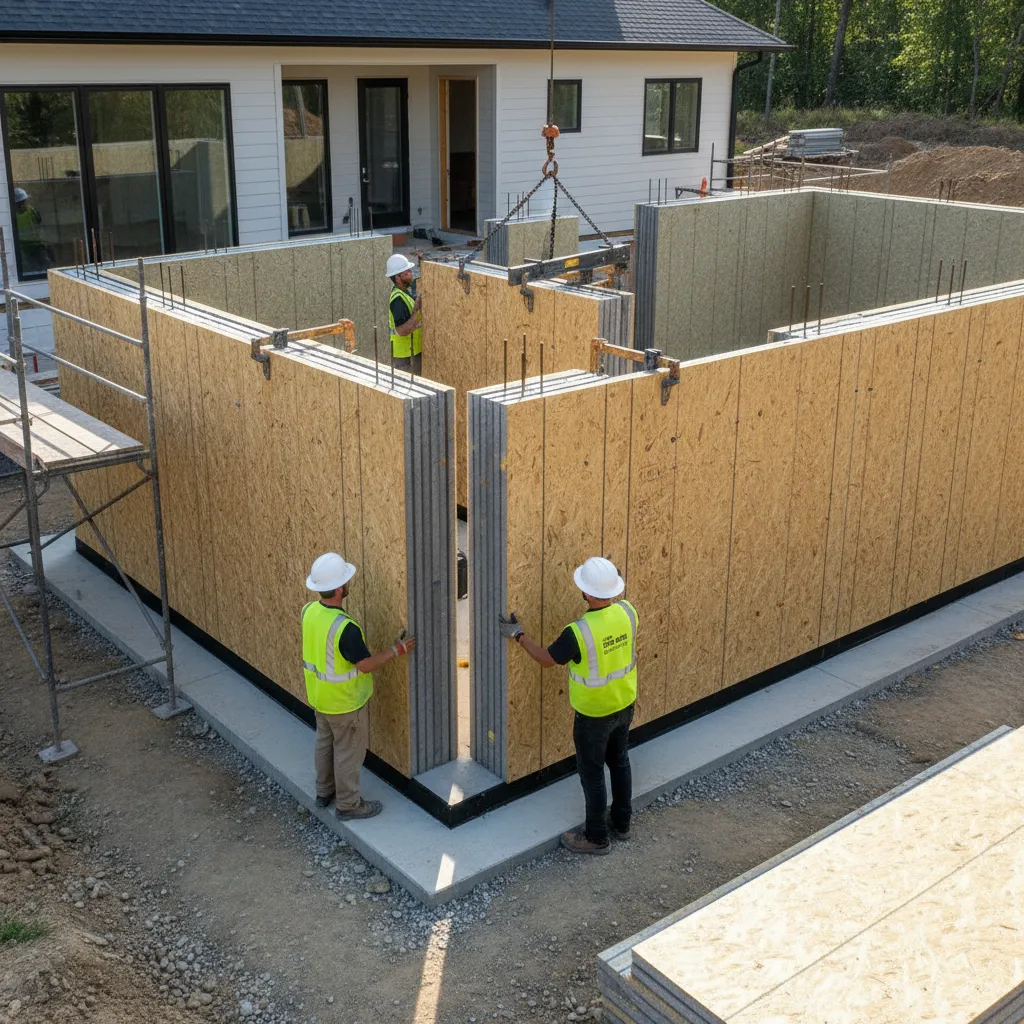 Construction workers wearing safety vests installing wood wall panels on a concrete foundation for house