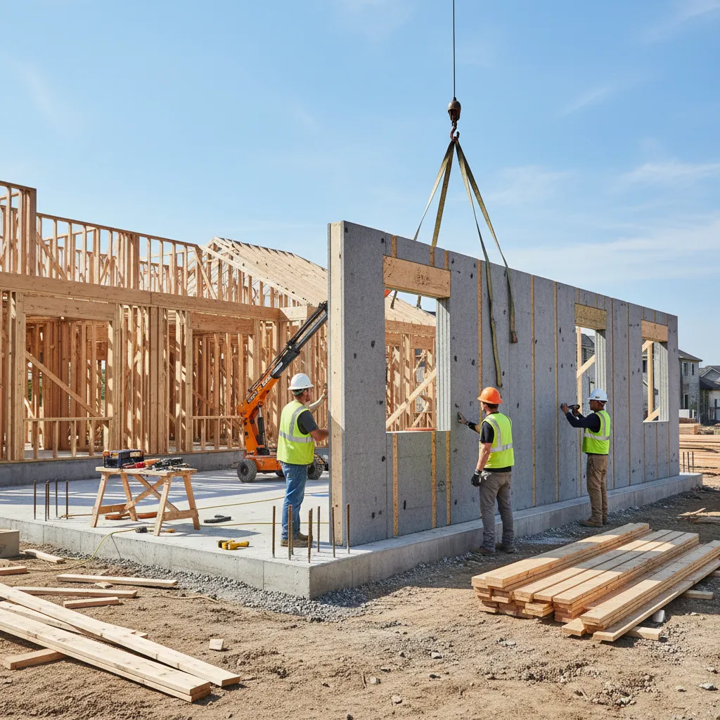 Workers installing SIP basement wall panels on foundation footing