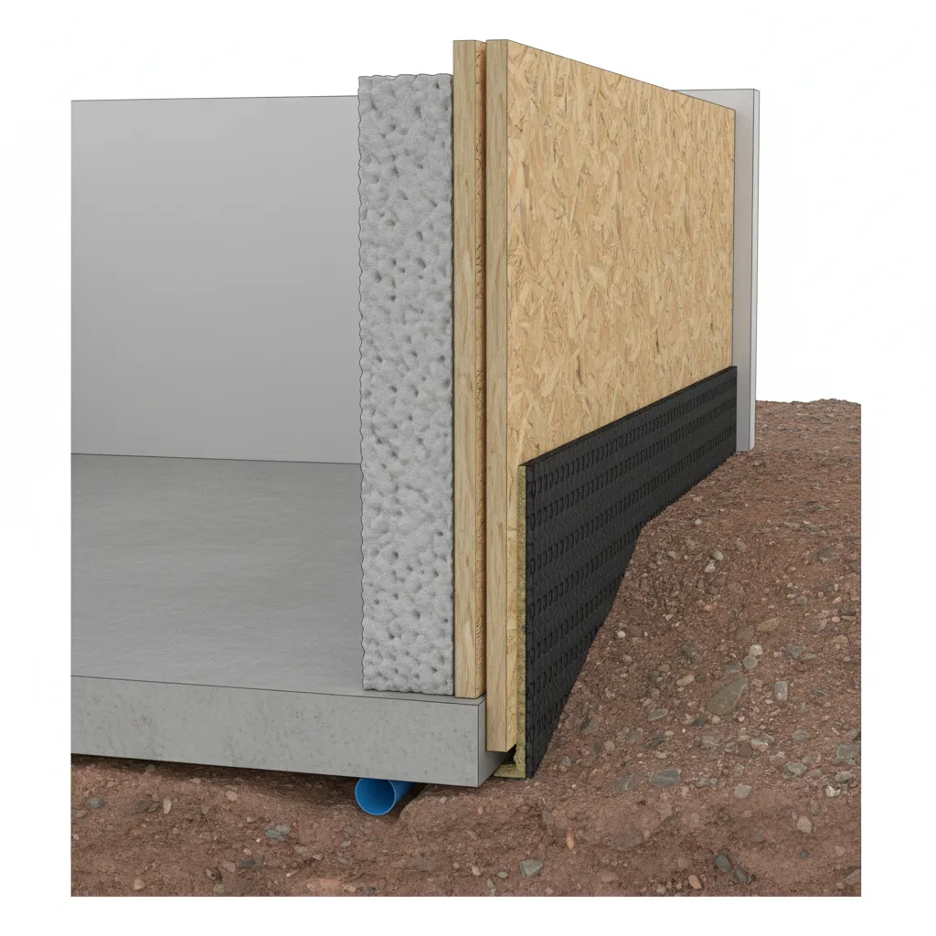 Cross section showing basement wall insulation with wood panel, black waterproof layer, and ground soil