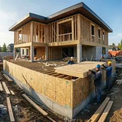 Construction workers in blue hats installing large wood panels on a house frame during daytime