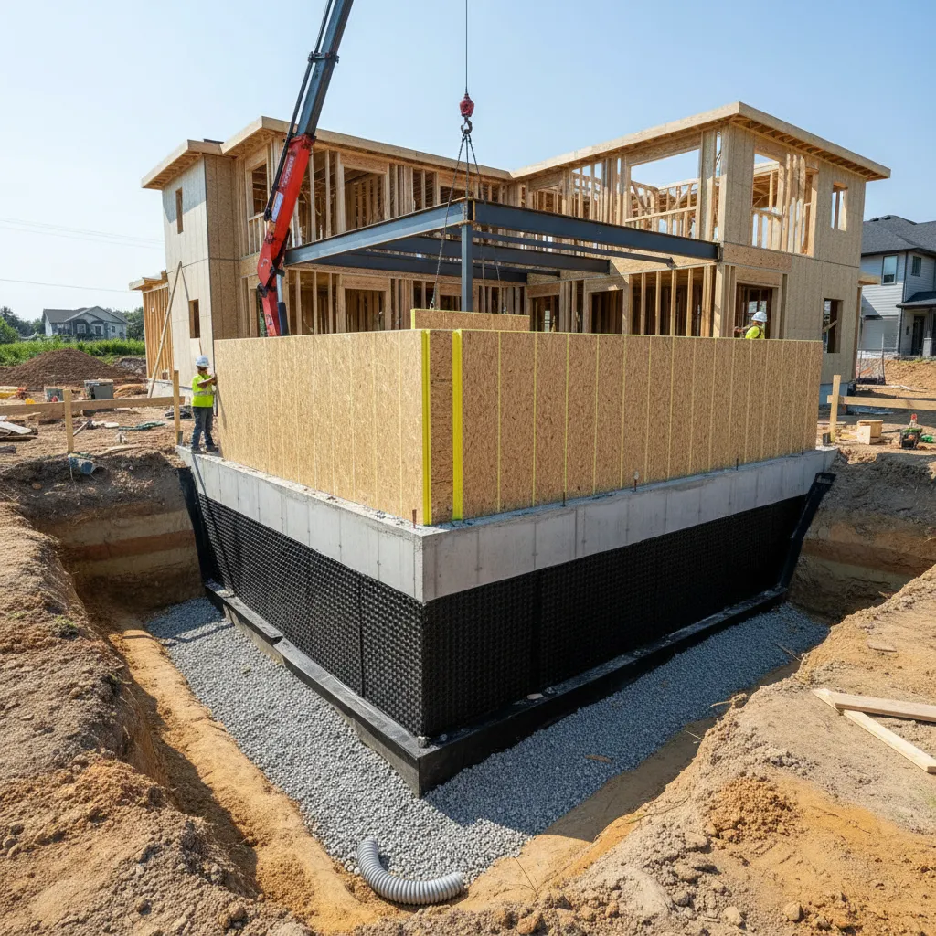 House construction site with wooden walls concrete foundation black membrane gravel and a red crane