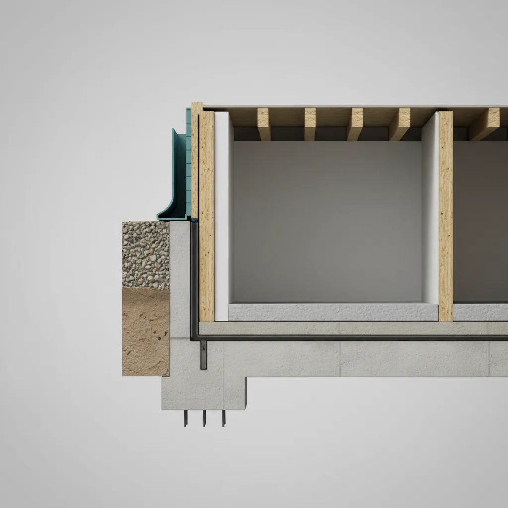 Interior design drawing showing cross section of foundation wall with gravel soil insulation and wood