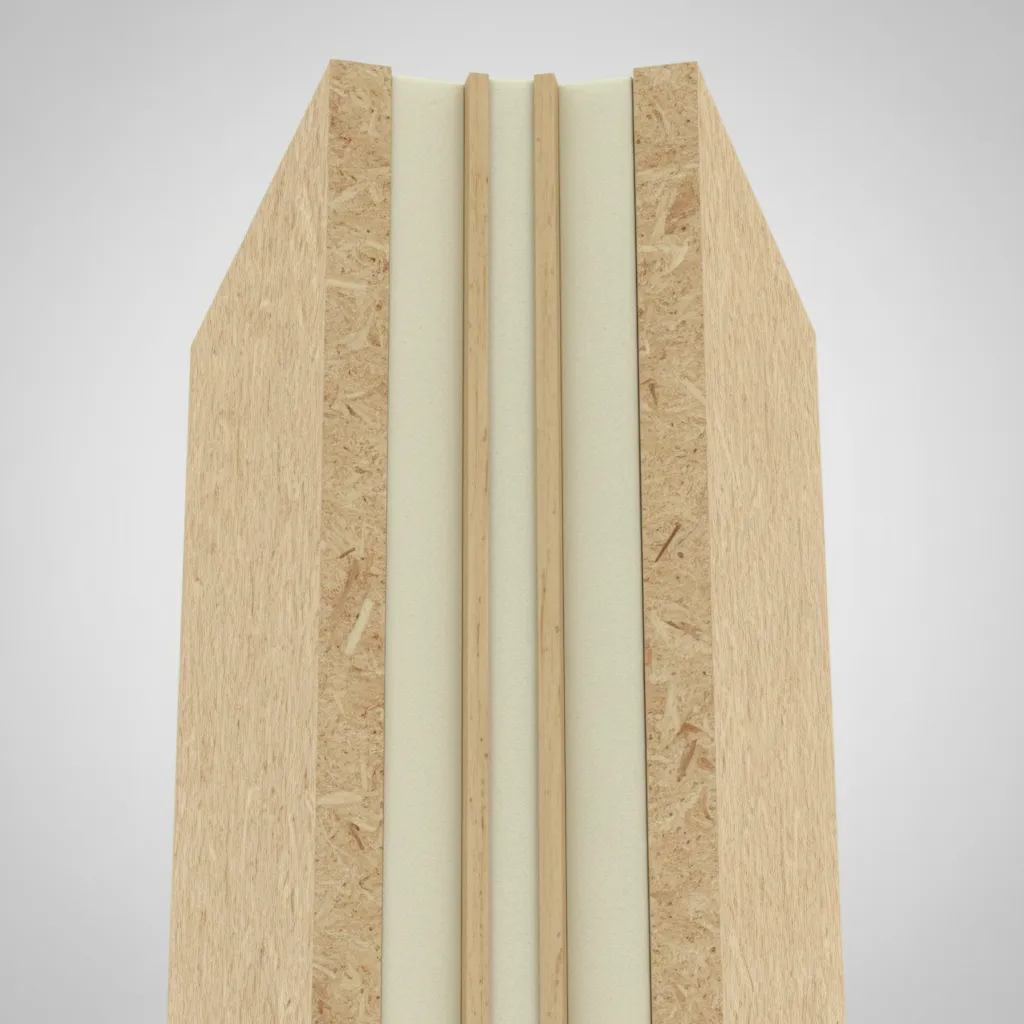 Building panel showing wood boards and white foam insulation layer for building a modern house