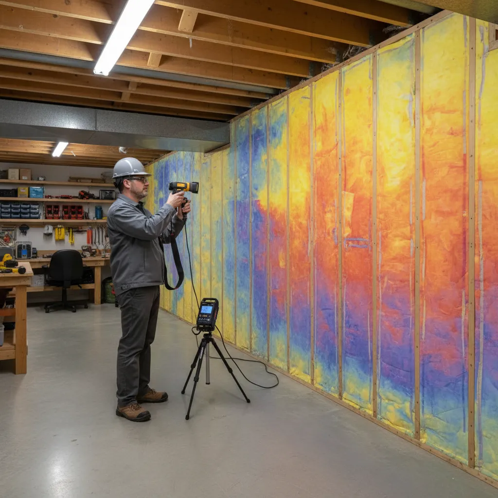 Professional worker testing basement wall heat levels using a camera with colorful heat map display