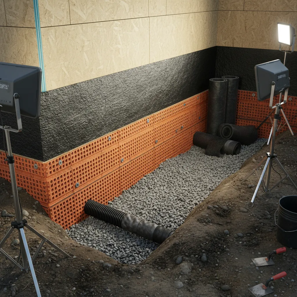 Basement wall with black waterproofing membrane orange drainage board gravel and a black drain pipe