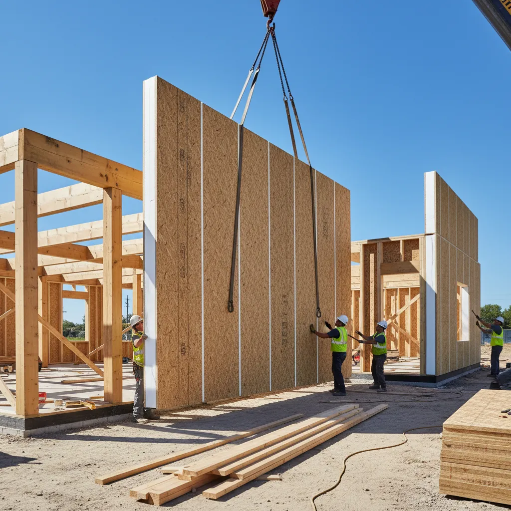 structural insulated panel house assembly showing foam core panels