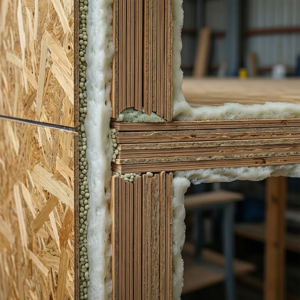 Close up of SIP panel joint with foam sealant and spline connection
