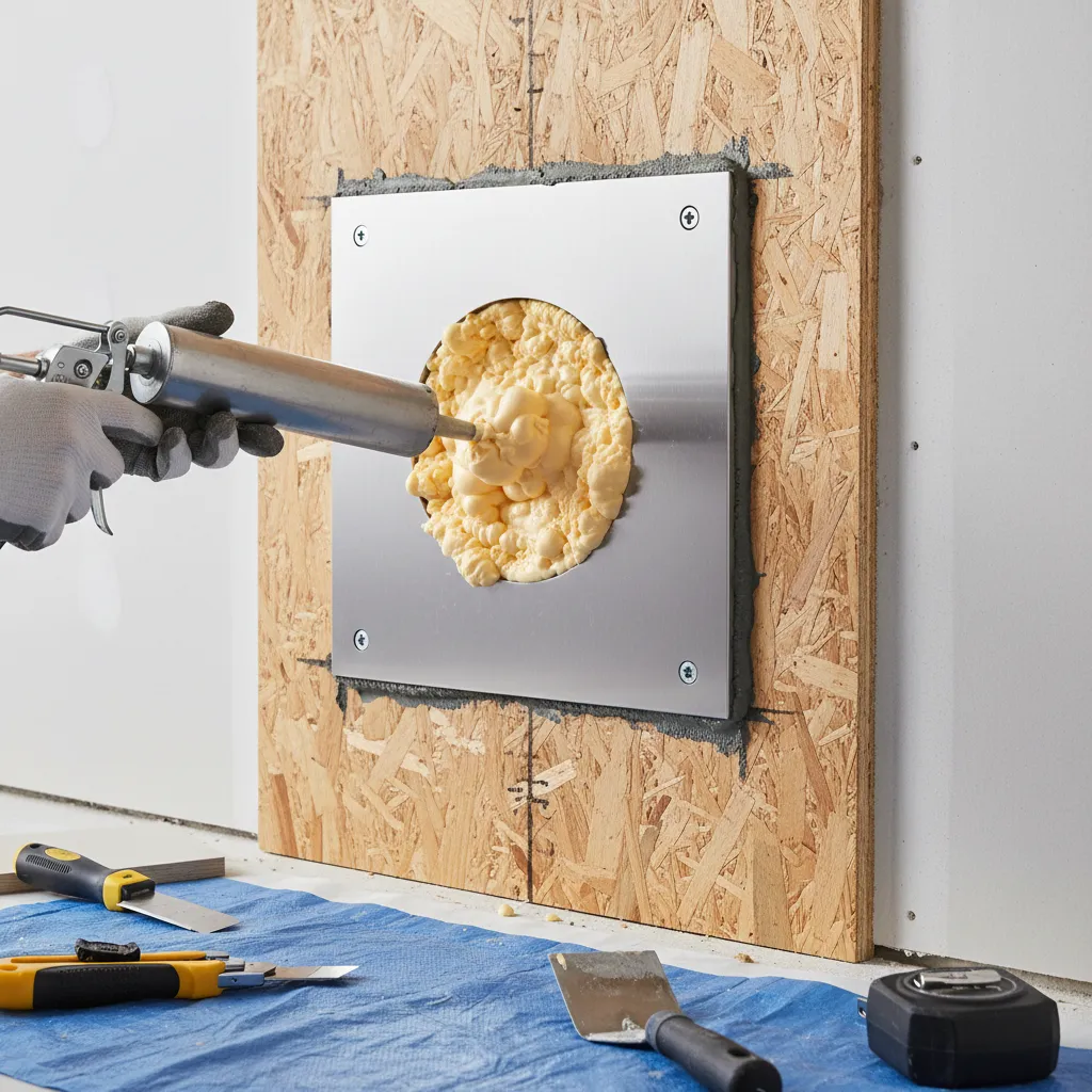 Repairing damaged SIP panel with reinforcement plate and foam core
