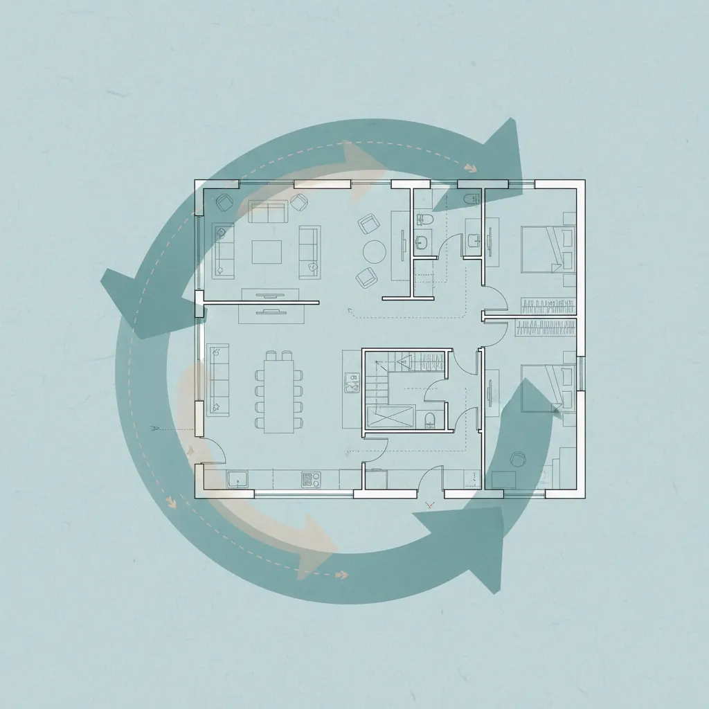 Floor plan drawing with large blue arrows showing room layout and movement inside a home