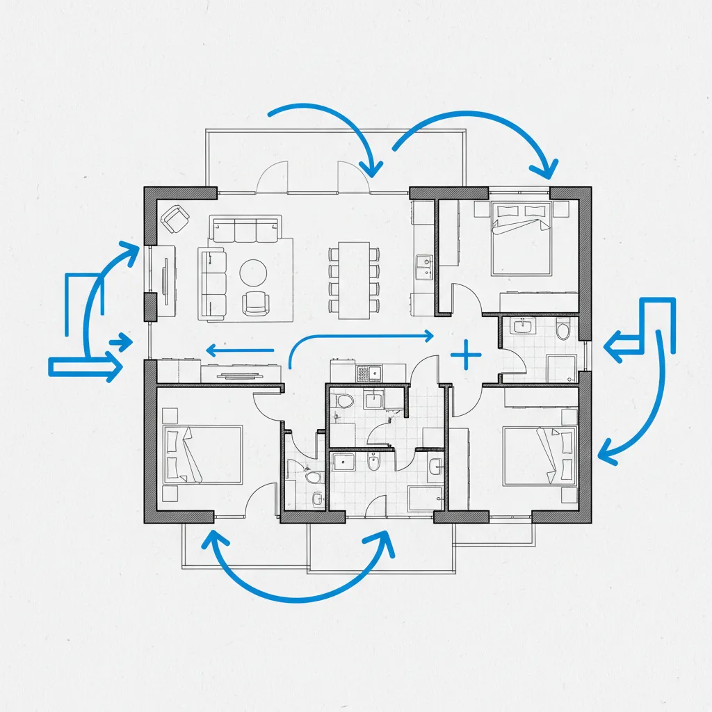 Ilustrasi sirkulasi ruang dalam denah rumah