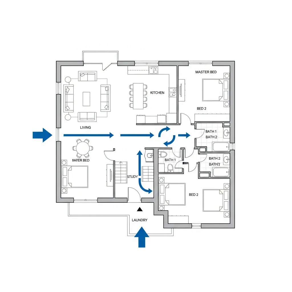 Black and white 2D floor plan with blue arrows showing movement flow between different rooms