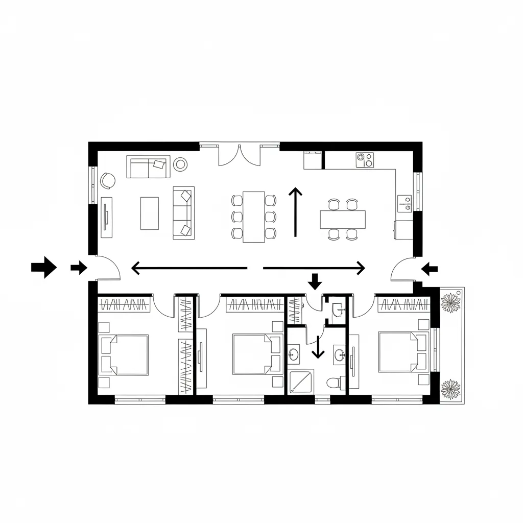 Ilustrasi sirkulasi ruang pada rumah ukuran 8x15
