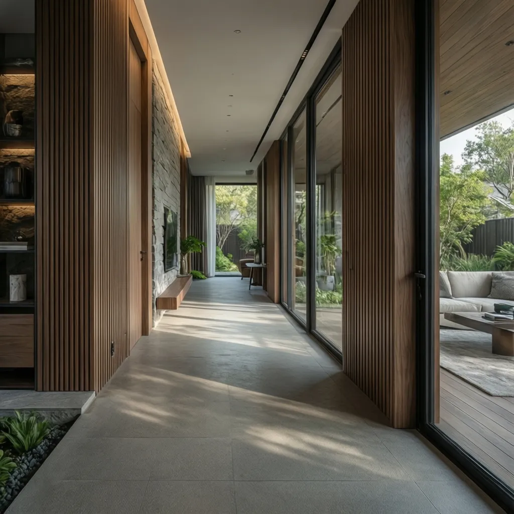 Modern interior hallway with wood wall panel stone wall large glass doors and garden view