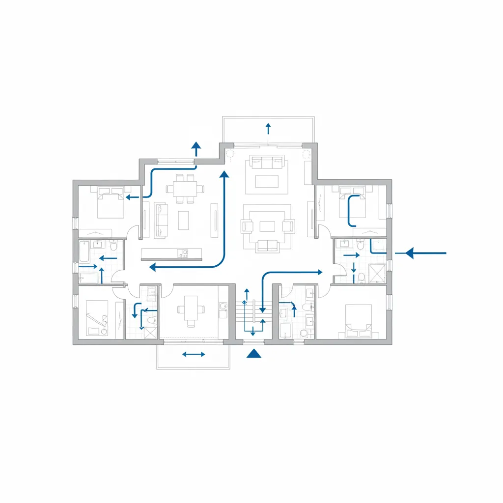 House floor plan drawing with blue arrows showing the room layout and movement flow paths