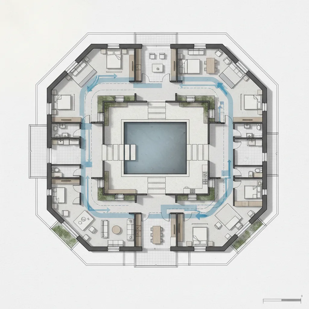 Eight sided room layout drawing showing rooms around a pool with blue movement path arrows