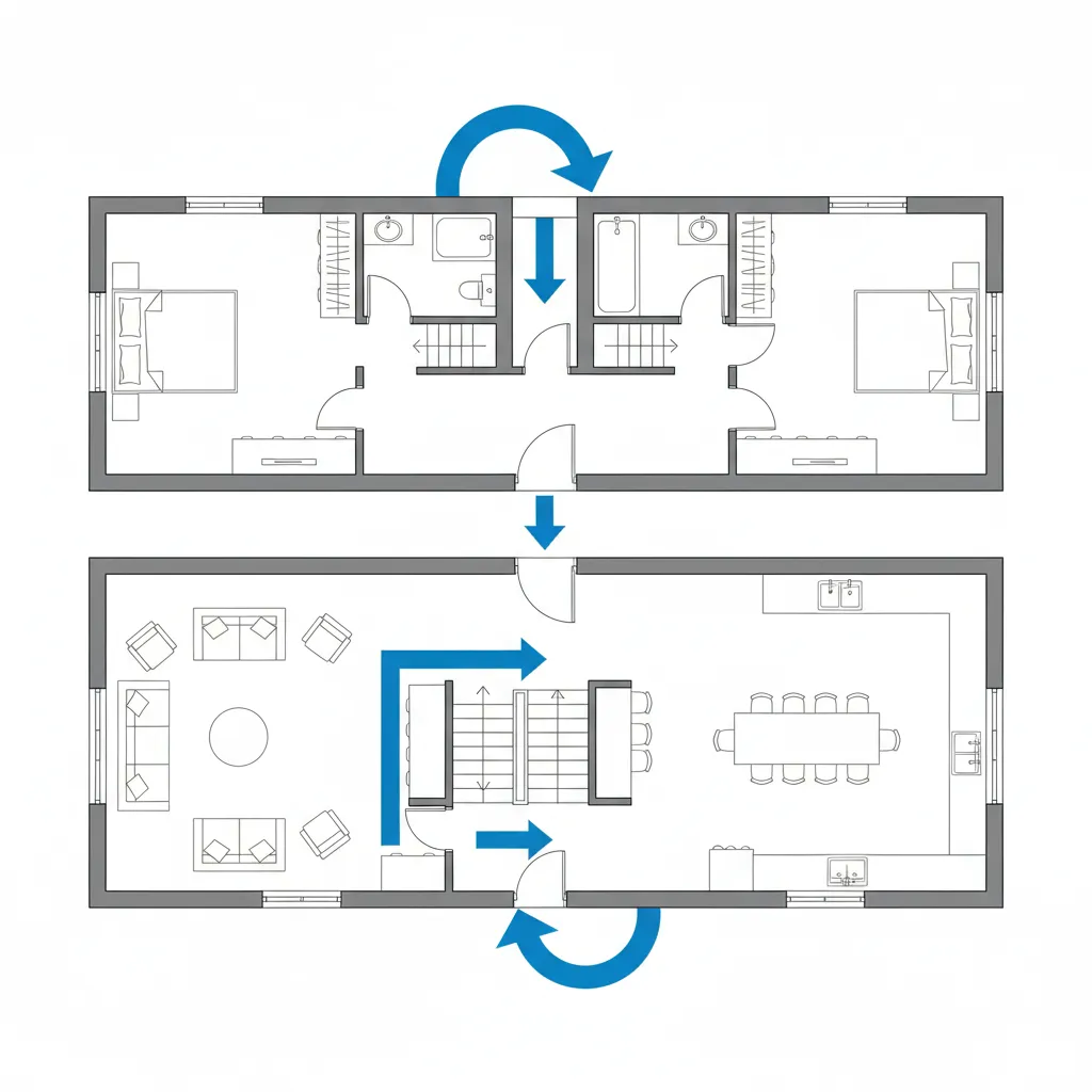 Floor plan diagram showing the room layout of two levels with blue arrows for movement