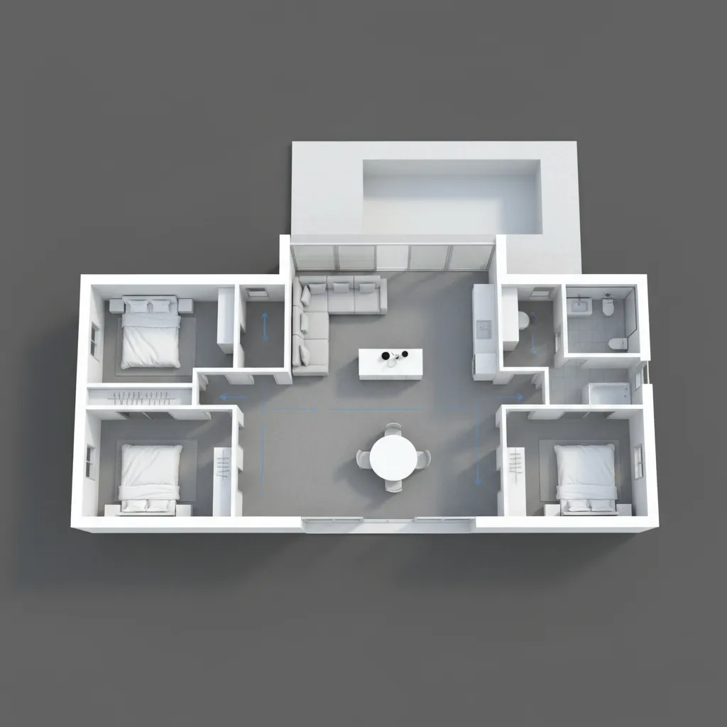 Top down 3D interior design drawing of three bedroom house layout with blue circulation arrows