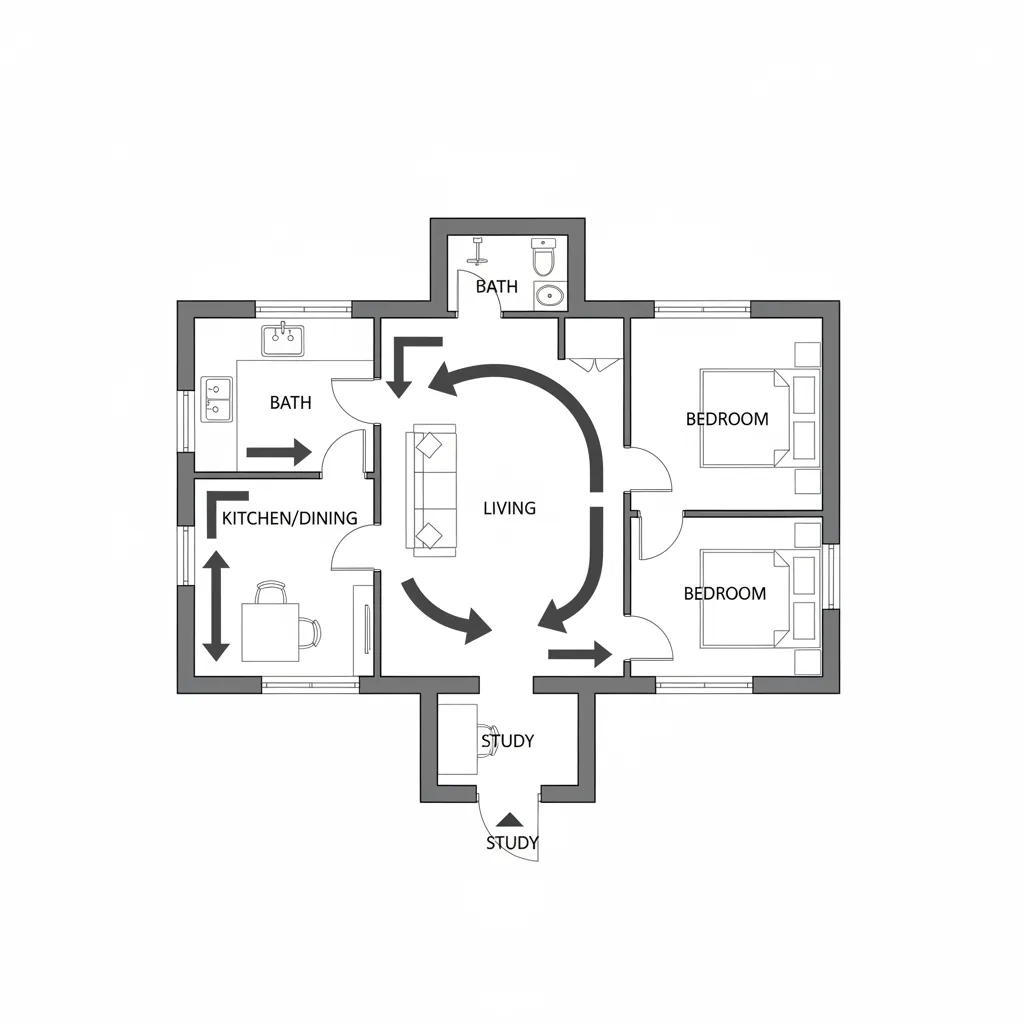Simple house floor plan with black arrows indicating the room flow between living and dining