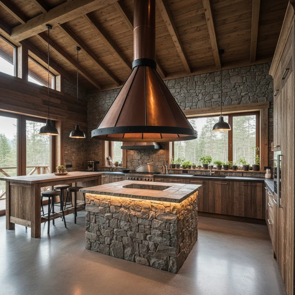 Large copper vent hood over stone island in wooden kitchen with big green forest view windows