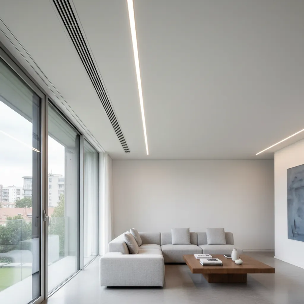 Sistema de climatización HVAC integrado en techo de vivienda moderna