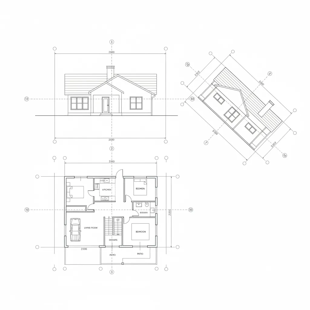 Diagrama del sistema diédrico mostrando planta y alzado de una vivienda