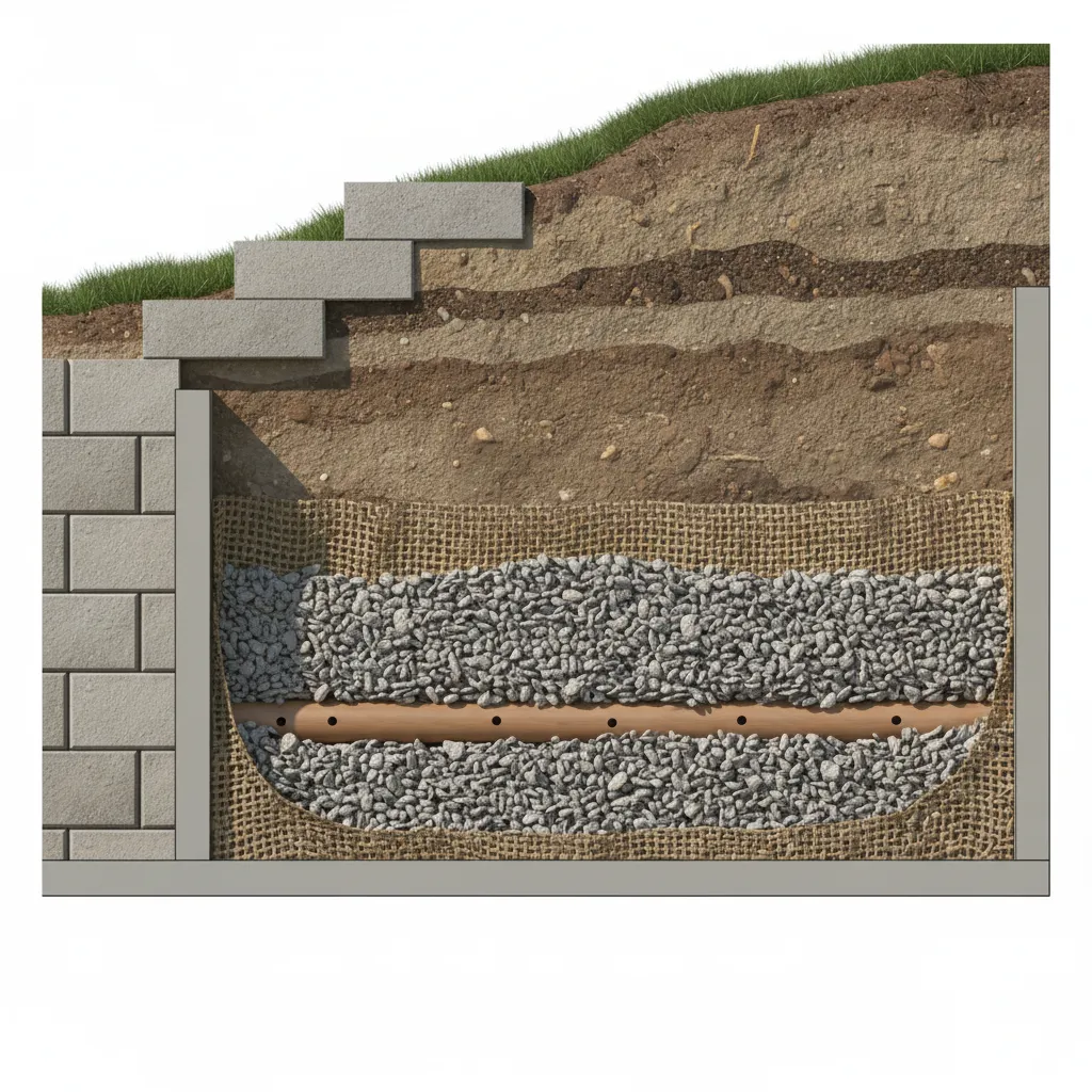 Sistema de drenaje detrás de un muro de contención con grava y tubo dren