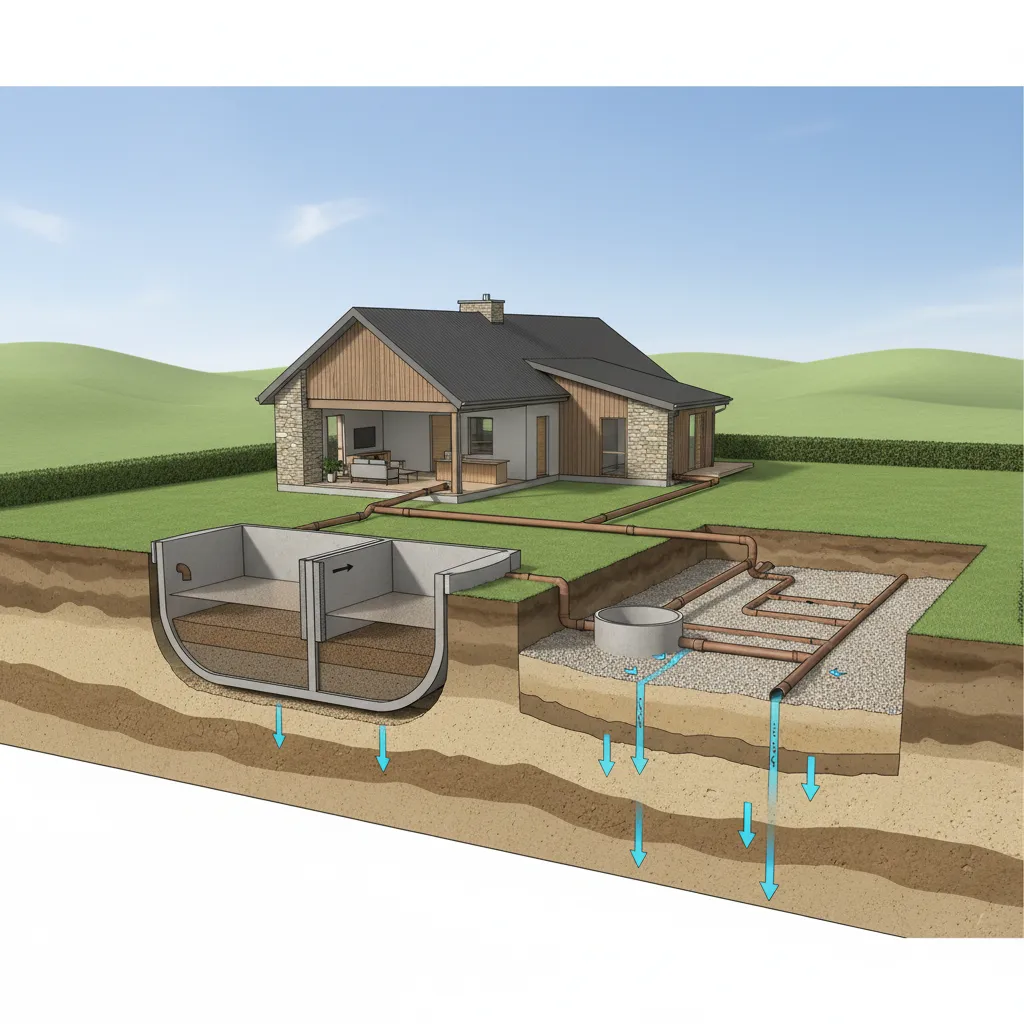 Diagram showing house waste water flowing through pipes into underground tanks and into the ground