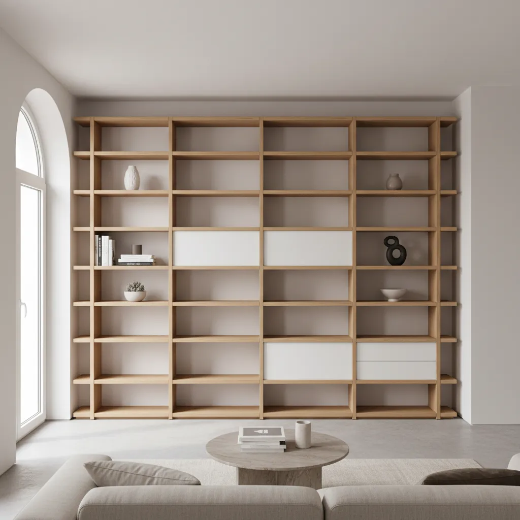 Sistema modular de estanterías en un salón contemporáneo