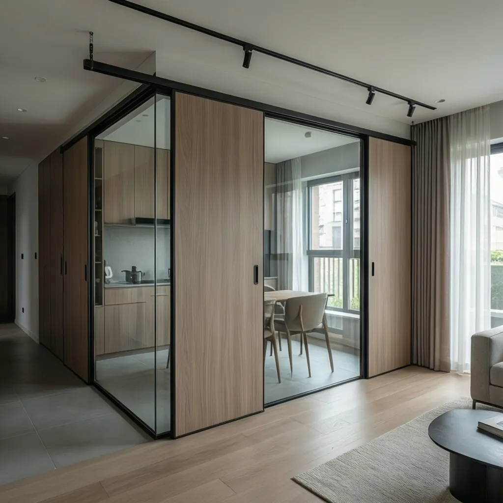 Sistema moderno de pared corrediza separando dos espacios interiores