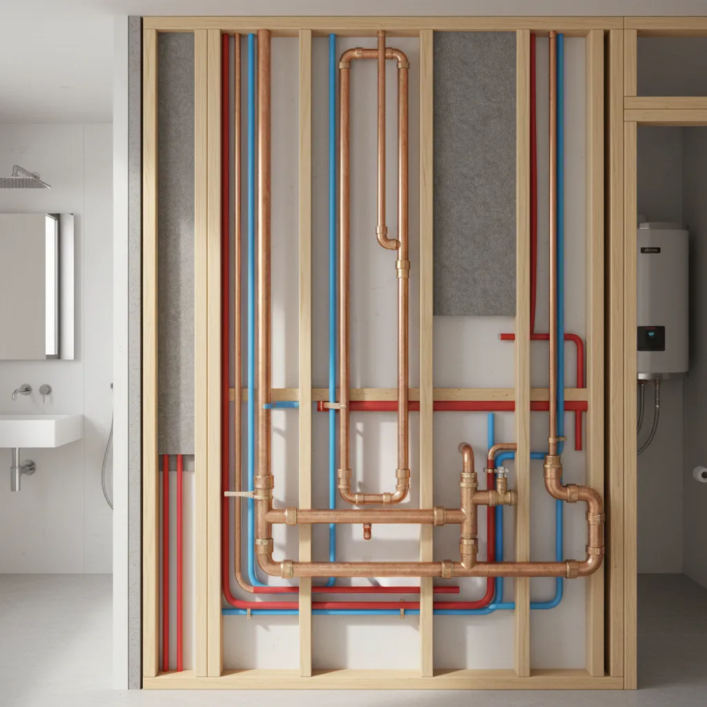 Close up of copper water pipes installed inside a wooden wall frame for a bathroom