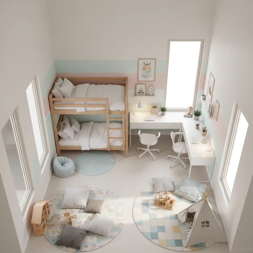 Shared bedroom layout showing zones for older sister and younger sister